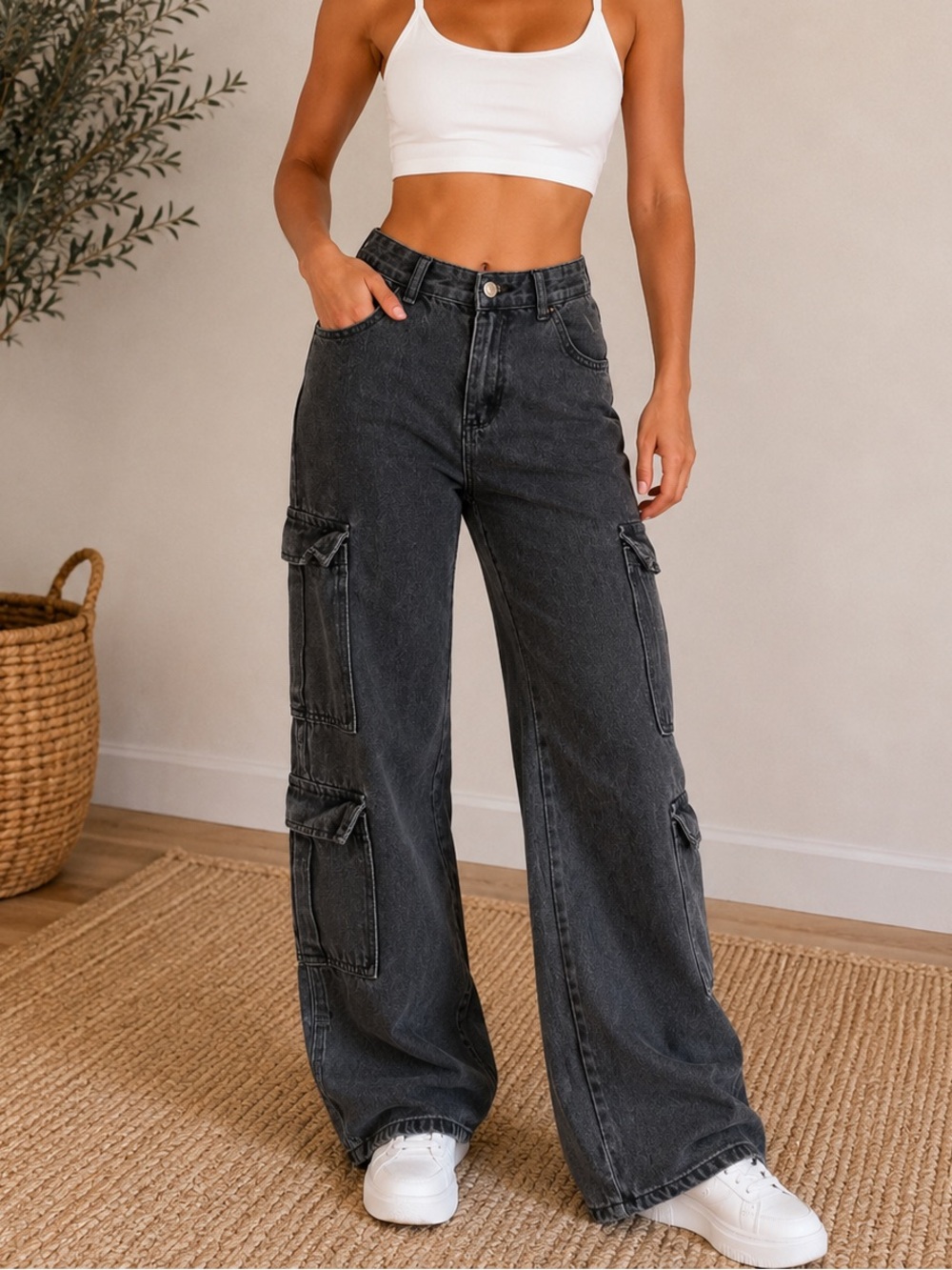 Y2K | Washed Black | Wide Leg | Cargo Jeans | Utility Pants